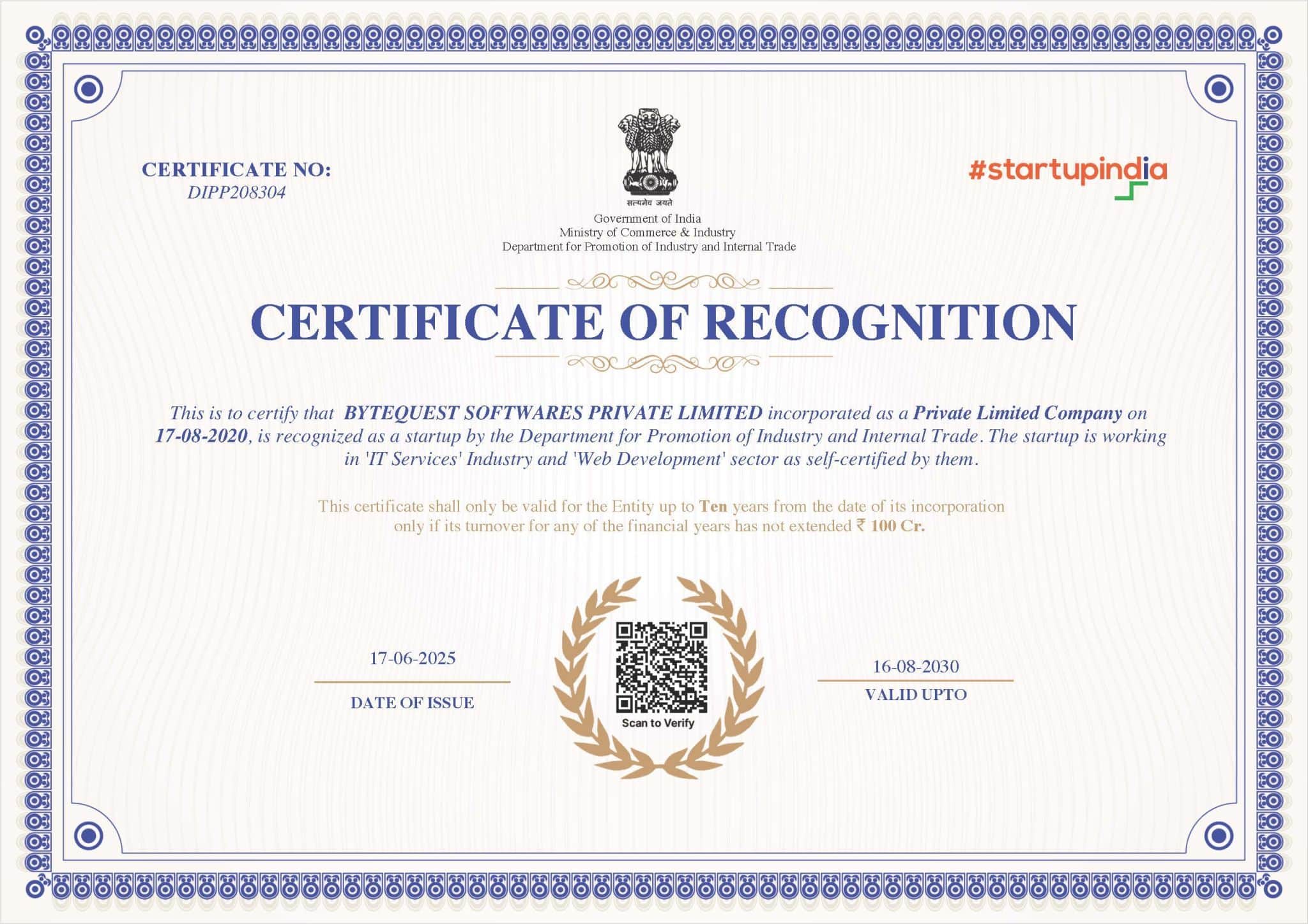 ByteQuest Softwares Achieves DPIIT Startup India Certification | Recognized Indian Tech Startup