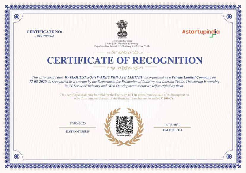 ByteQuest Softwares Achieves DPIIT Startup India Certification | Recognized Indian Tech Startup