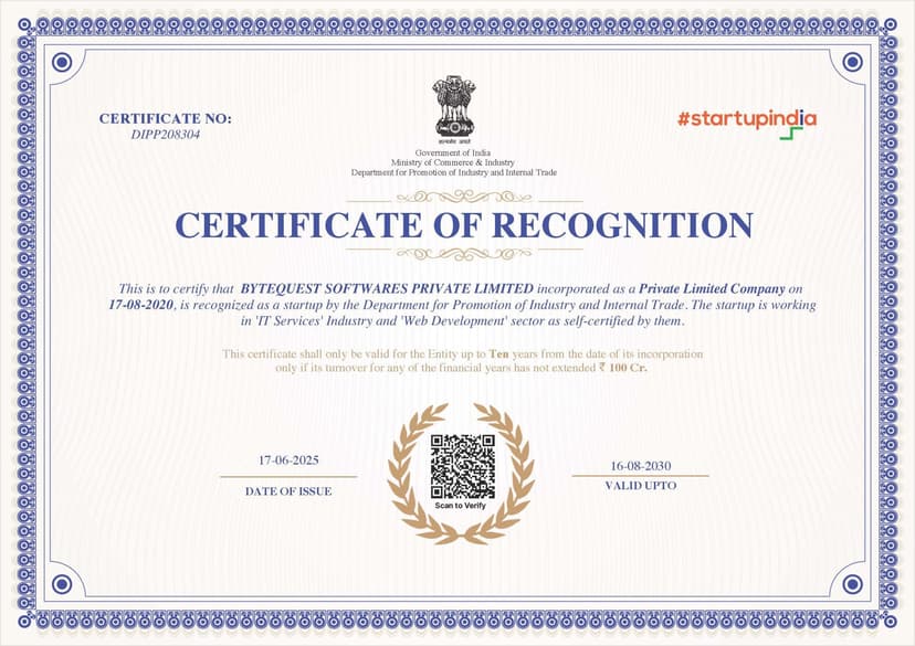 ByteQuest Softwares Achieves DPIIT Startup India Certification | Recognized Indian Tech Startup